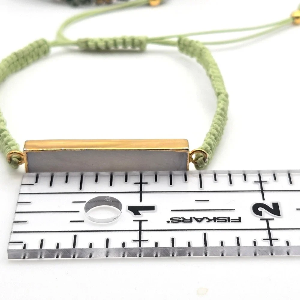 Set of 2 Macrame Cord‎ Bracelets Sage Green Agate Bar Gold Bead Adjustable Woven
